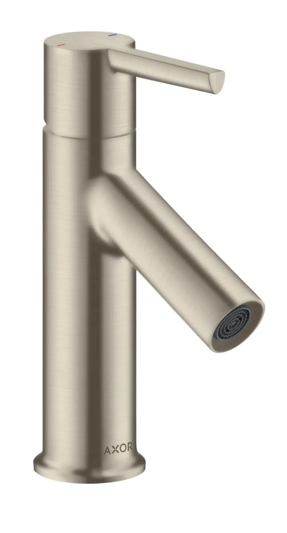 Einhebel-Waschtischmischer aus gebürstetem Nickel von AXOR mit Hebelgriff, geeignet für Handwaschbecken und ausgestattet mit einer Zugstangen-Ablaufgarnitur.